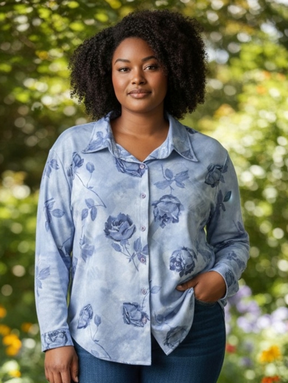 Blair  " Stunning "  Light Blue Rose Print Button-Front Blouse